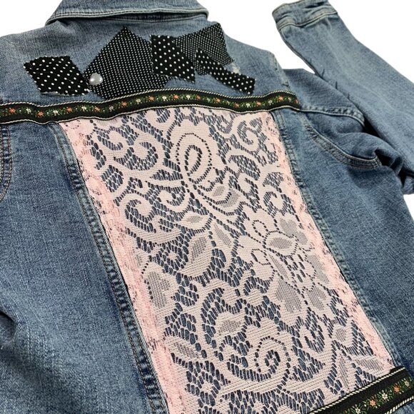 Wonder Nation Denim Jacket Pink Black Lace Polka Dot Pearl Heart Trucker XXL - Picture 9 of 13